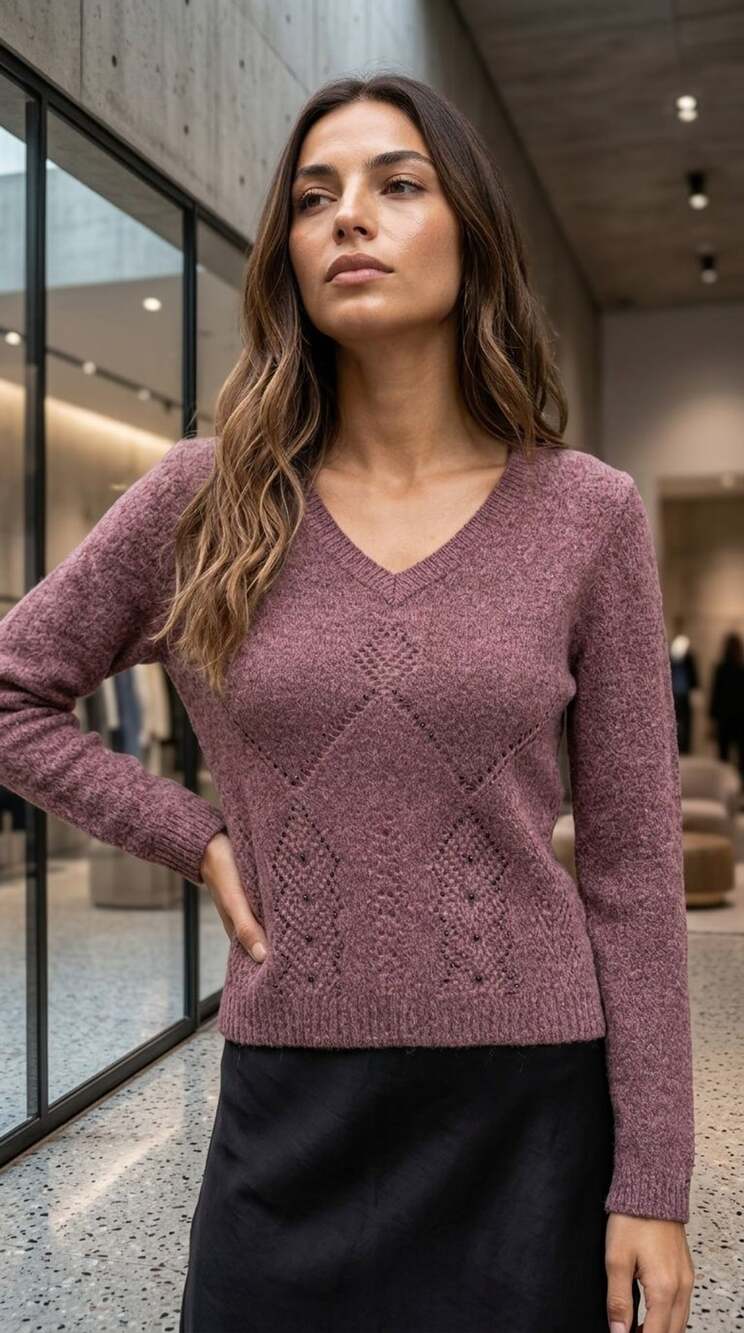Easel Mauve V-Neck Long Sleeve Textured Pattern Sweater Size M
